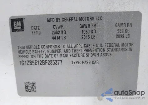 2011 Chevrolet Malibu Ls z USA, uszkodzony, nr VIN 1G1ZB5E12BF235377